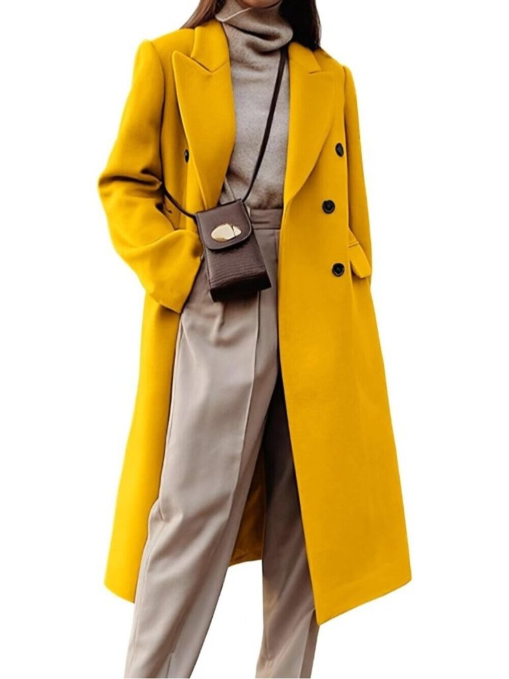 Women's Yellow Wool Blend Long Warm Lapel Double Breasted Winter Trench Peacoat